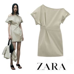 ZARA | Light Khaki | PLEATED ASYMMETRIC DRESS